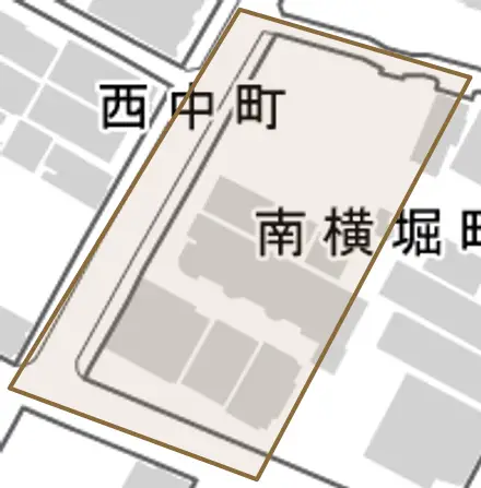 南横堀町とその周辺の地図。町の範囲を重ねている