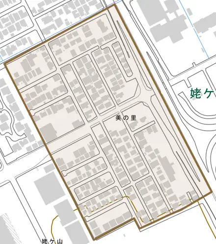 美の里とその周辺の地図。町の範囲を重ねている