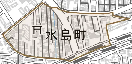 水島町とその周辺の地図。町の範囲を重ねている