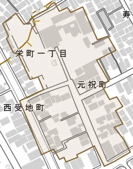 元祝町とその周辺の地図。町の範囲を重ねている