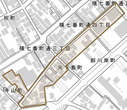 元下島町とその周辺の地図。町の範囲を重ねている