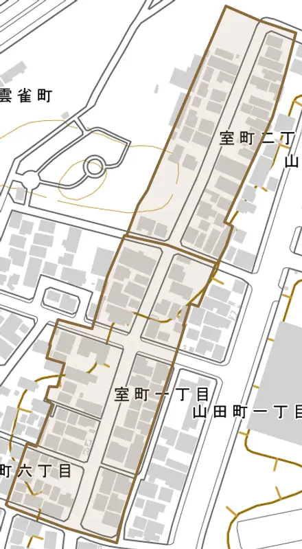 室町とその周辺の地図。町の範囲を重ねている