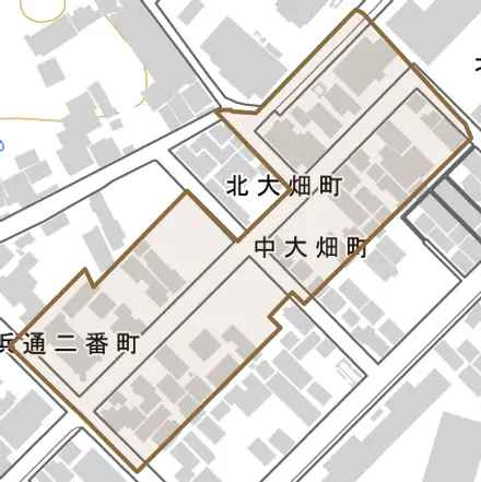 中大畑町とその周辺の地図。町の範囲を重ねている