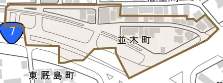 並木町とその周辺の地図。町の範囲を重ねている