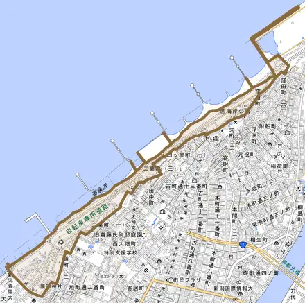 西船見町とその周辺の地図。町の範囲を重ねている