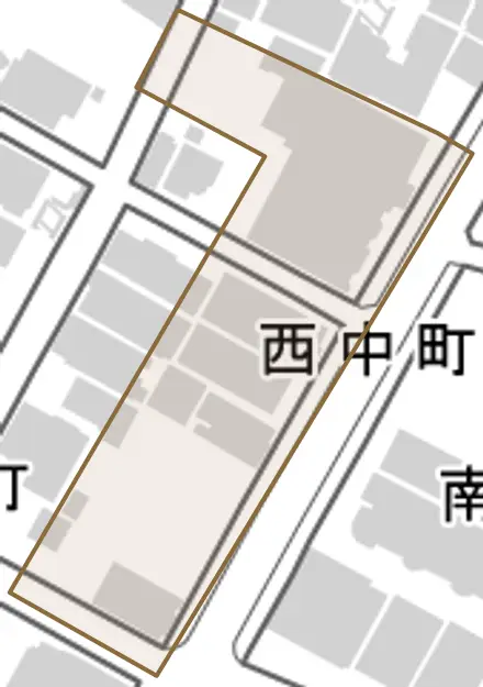 西中町とその周辺の地図。町の範囲を重ねている