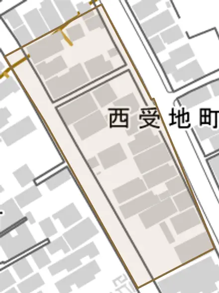 西受地町とその周辺の地図。町の範囲を重ねている