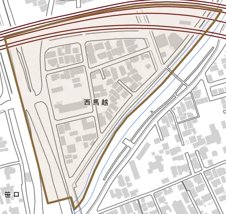 西馬越とその周辺の地図。町の範囲を重ねている