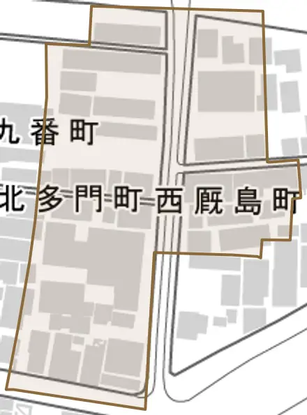 西厩島町とその周辺の地図。町の範囲を重ねている