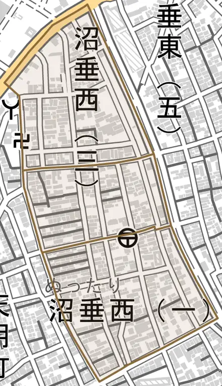 沼垂西とその周辺の地図。町の範囲を重ねている