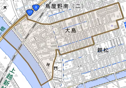 大島とその周辺の地図。町の範囲を重ねている