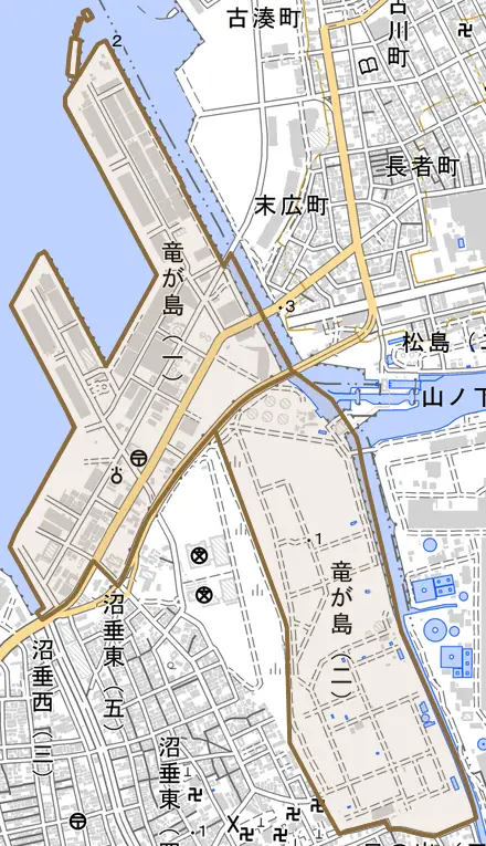 竜が島とその周辺の地図。町の範囲を重ねている