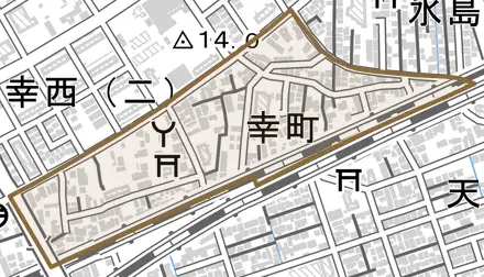 幸町とその周辺の地図。町の範囲を重ねている