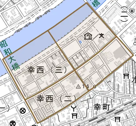 幸西とその周辺の地図。町の範囲を重ねている