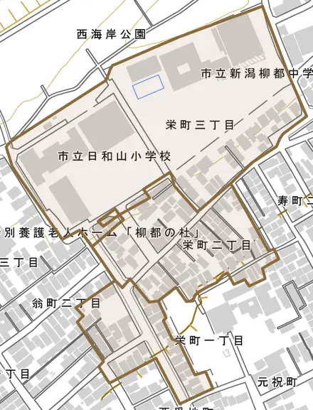 栄町とその周辺の地図。町の範囲を重ねている
