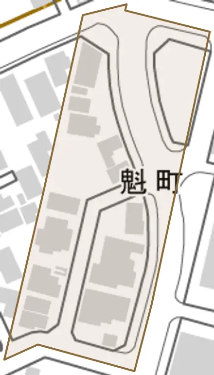 魁町とその周辺の地図。町の範囲を重ねている