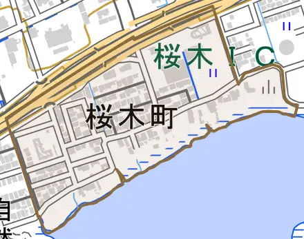 桜木町とその周辺の地図。町の範囲を重ねている
