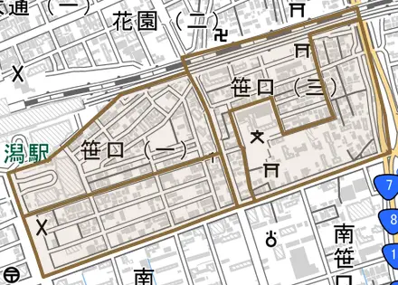 笹口とその周辺の地図。町の範囲を重ねている