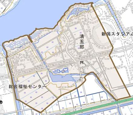 清五郎とその周辺の地図。町の範囲を重ねている