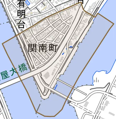 関南町とその周辺の地図。町の範囲を重ねている