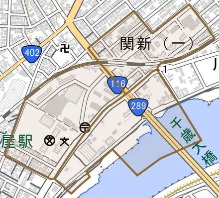 関新とその周辺の地図。町の範囲を重ねている