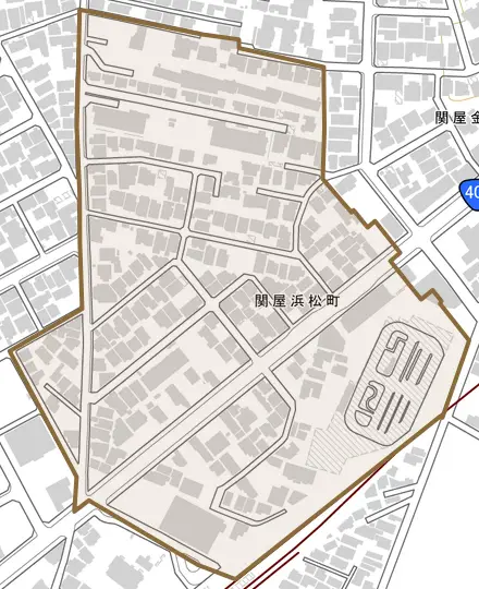 関屋浜松町とその周辺の地図。町の範囲を重ねている