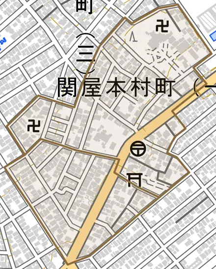 関屋本村町とその周辺の地図。町の範囲を重ねている