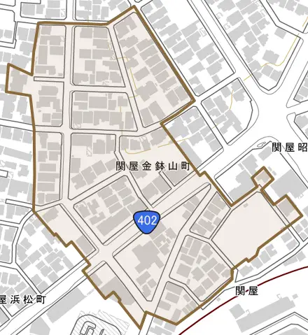 関屋金鉢山町とその周辺の地図。町の範囲を重ねている