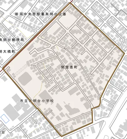 関屋恵町とその周辺の地図。町の範囲を重ねている