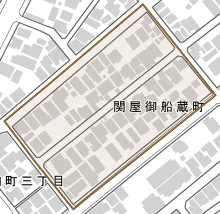 関屋御船蔵町とその周辺の地図。町の範囲を重ねている