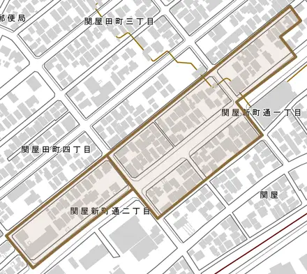 関屋新町通とその周辺の地図。町の範囲を重ねている