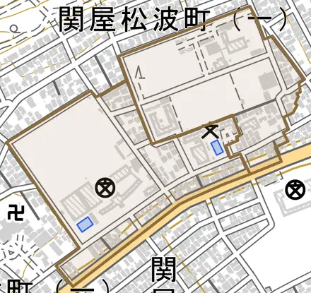 関屋下川原町とその周辺の地図。町の範囲を重ねている