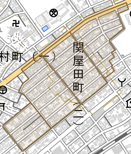 関屋田町とその周辺の地図。町の範囲を重ねている
