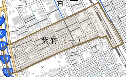 紫竹とその周辺の地図。町の範囲を重ねている