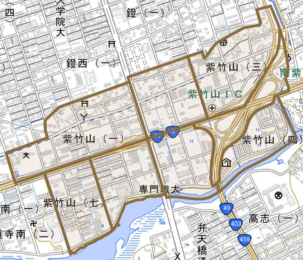紫竹山とその周辺の地図。町の範囲を重ねている