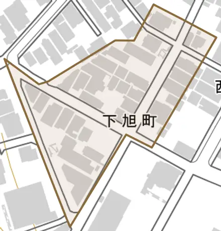下旭町とその周辺の地図。町の範囲を重ねている