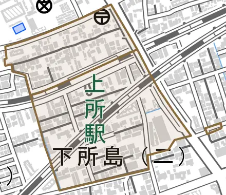 下所島とその周辺の地図。町の範囲を重ねている