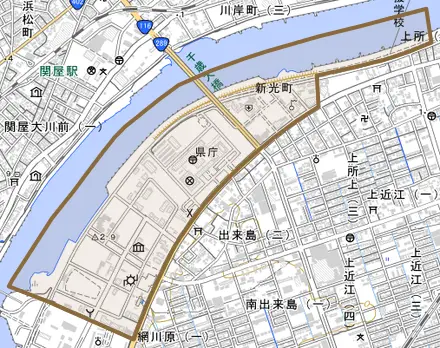 新光町とその周辺の地図。町の範囲を重ねている