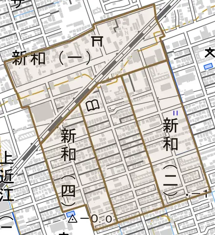 新和とその周辺の地図。町の範囲を重ねている