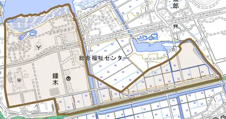 鐘木とその周辺の地図。町の範囲を重ねている
