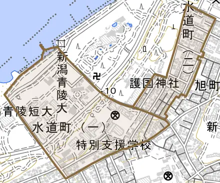 水道町とその周辺の地図。町の範囲を重ねている