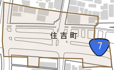 住吉町とその周辺の地図。町の範囲を重ねている
