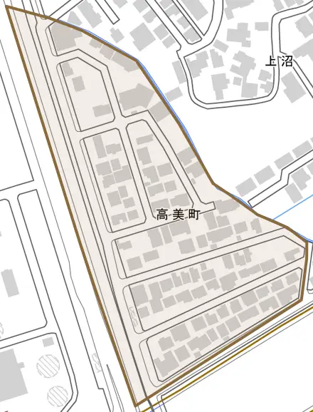 高美町とその周辺の地図。町の範囲を重ねている