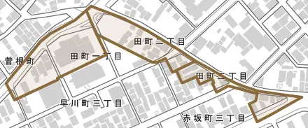 田町とその周辺の地図。町の範囲を重ねている
