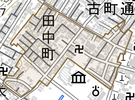 田中町とその周辺の地図。町の範囲を重ねている