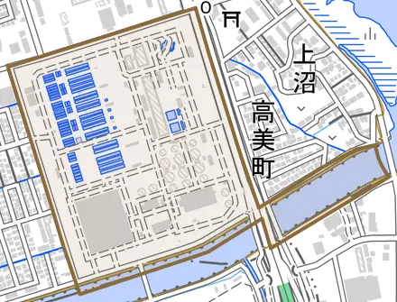 太右エ門新田とその周辺の地図。町の範囲を重ねている