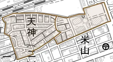 天神とその周辺の地図。町の範囲を重ねている