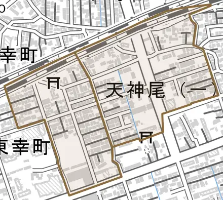 天神尾とその周辺の地図。町の範囲を重ねている