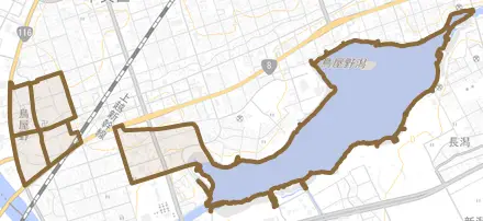 鳥屋野とその周辺の地図。町の範囲を重ねている