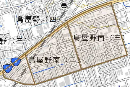 鳥屋野南とその周辺の地図。町の範囲を重ねている